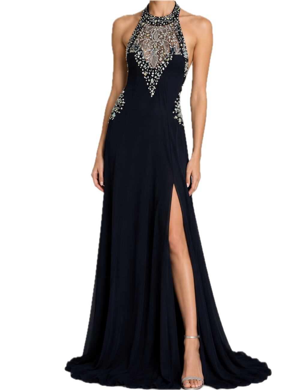 Cache Evening Gown Jeweled Beaded Embellished High Neck Mesh Formal Navy Blue 2